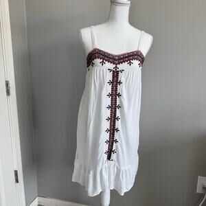 Lapogee Women’s White Embroidered Dress Sz M Spaghetti Strap Ruffle Hem Boho